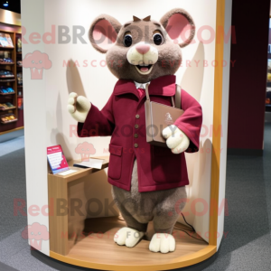 Maroon Mouse mascot costume character dressed with a Coat and Wallets