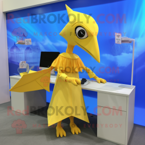 Lemon Yellow Pterodactyl mascot costume character dressed with a Culottes and Hair clips