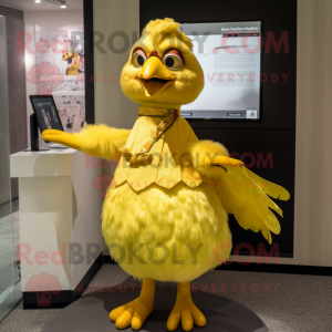 Yellow Chicken mascot costume character dressed with a Skirt and Wraps