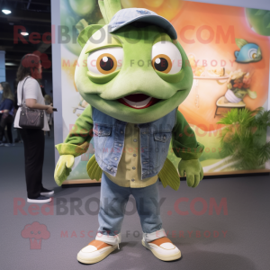 Olive Goldfish mascot costume character dressed with a Boyfriend Jeans and Cufflinks