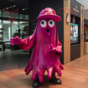 Magenta Squid mascot costume character dressed with a Raincoat and Pocket squares