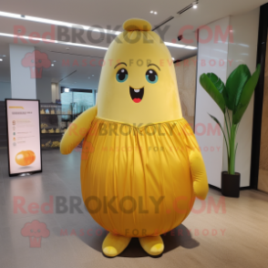 Gold Radish mascot costume character dressed with a A-Line Skirt and Foot pads