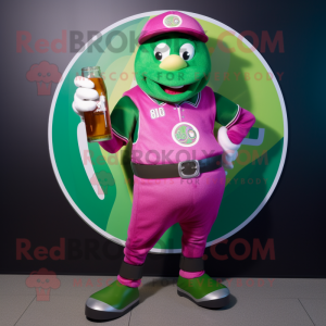 Magenta Green Beer mascot costume character dressed with a Baseball Tee and Rings