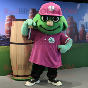 Magenta Green Beer mascot costume character dressed with a Baseball Tee and Rings