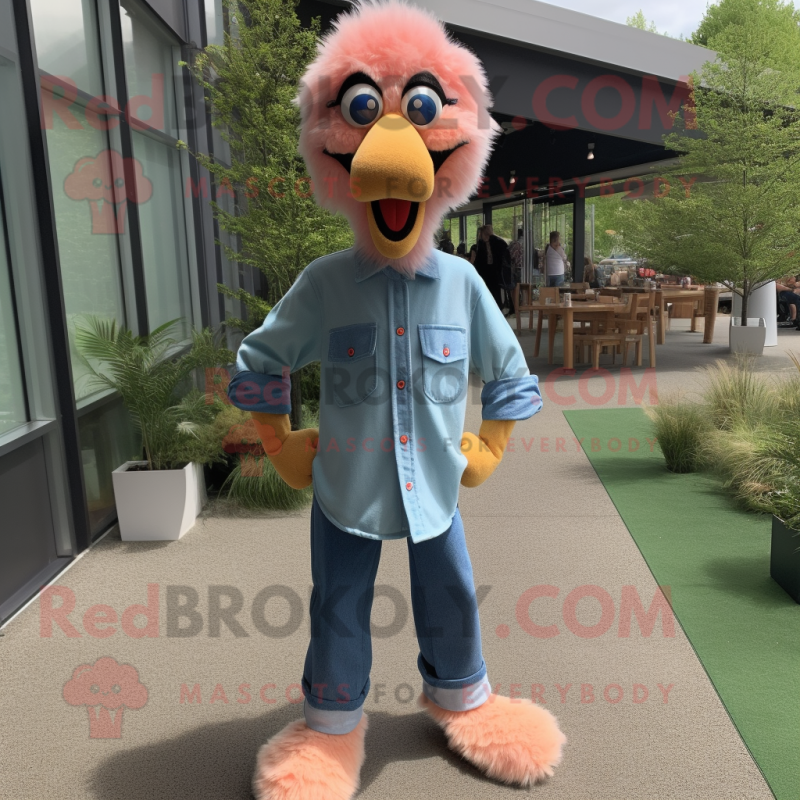 Peach Emu mascot costume character dressed with a Denim Shirt and Shoe clips