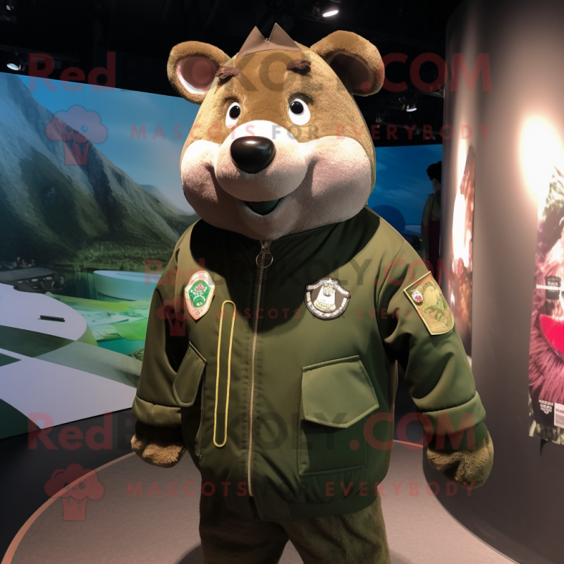 Olive Sow mascot costume character dressed with a Bomber Jacket and Necklaces