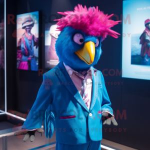 Magenta Blue Jay mascot costume character dressed with a Blazer and Hair clips