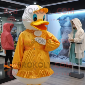 Peach Muscovy Duck mascot costume character dressed with a Raincoat and Headbands