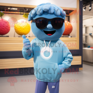 Sky Blue Meatballs mascot costume character dressed with a Sweatshirt and Sunglasses