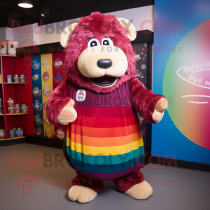 Maroon Rainbow mascot costume character dressed with a Rugby Shirt and Shawl pins