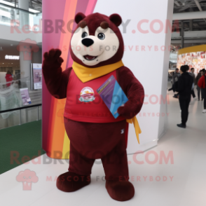 Maroon Rainbow mascot costume character dressed with a Rugby Shirt and Shawl pins