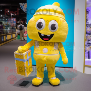 Lemon Yellow Candy Box mascot costume character dressed with a Corduroy Pants and Clutch bags