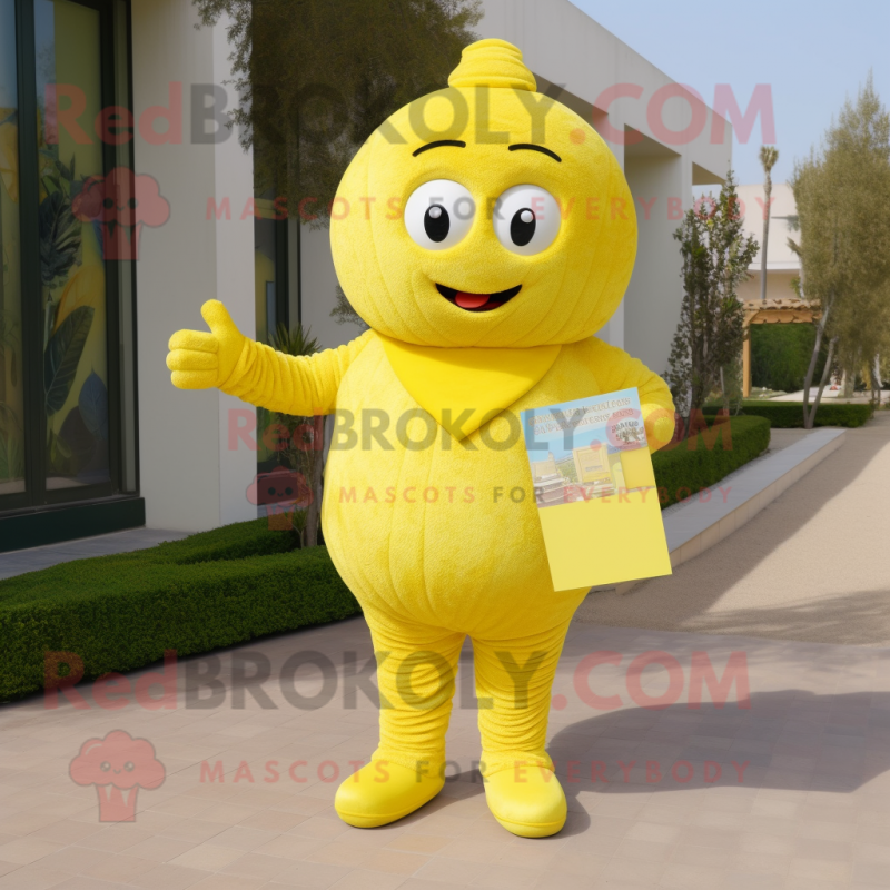 Lemon Yellow Candy Box mascot costume character dressed with a Corduroy Pants and Clutch bags