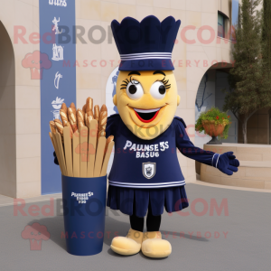Navy French Fries mascot costume character dressed with a Pencil Skirt and Backpacks