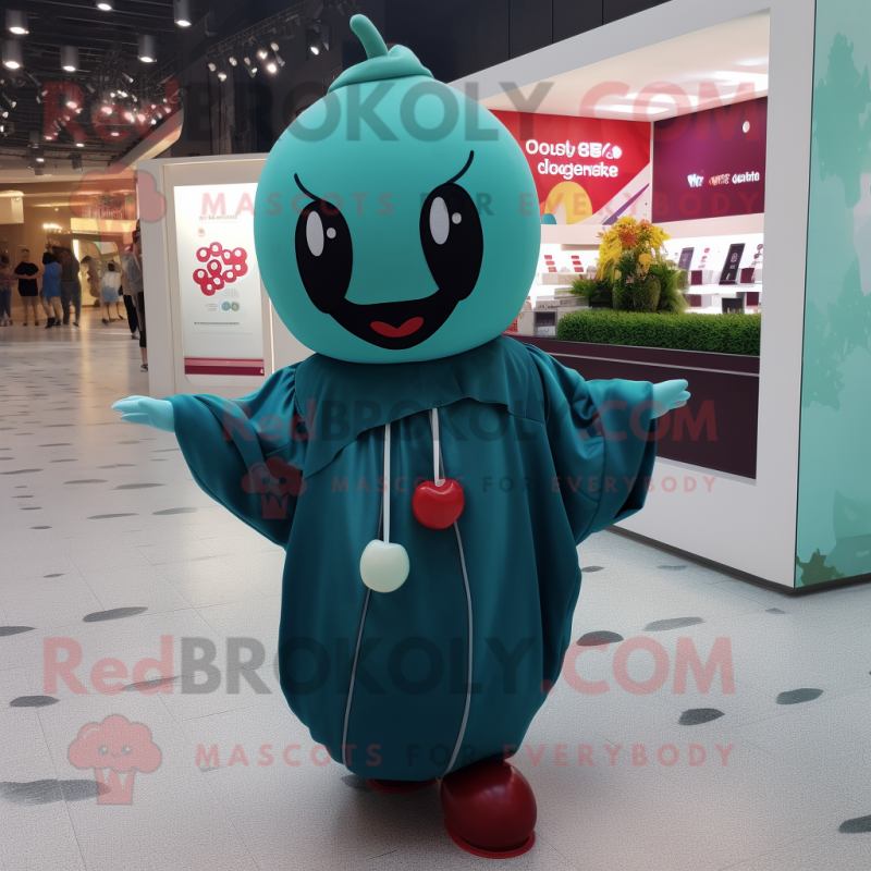 Teal Cherry mascot costume character dressed with a Cover-up and Necklaces