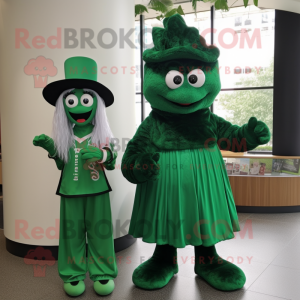 Forest Green Moussaka mascot costume character dressed with a Pleated Skirt and Watches