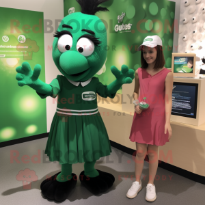 Forest Green Moussaka mascot costume character dressed with a Pleated Skirt and Watches