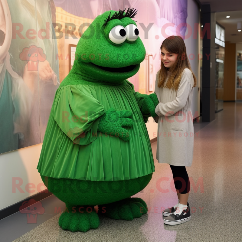 Forest Green Moussaka mascot costume character dressed with a Pleated Skirt and Watches