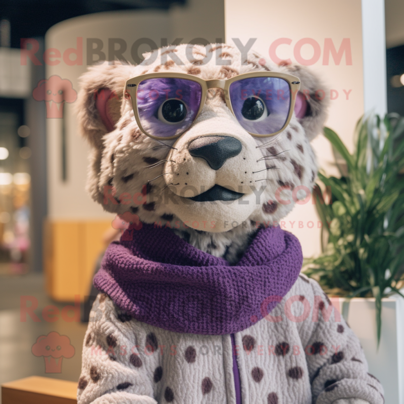 Lavender Cheetah mascot costume character dressed with a Sweater and Eyeglasses