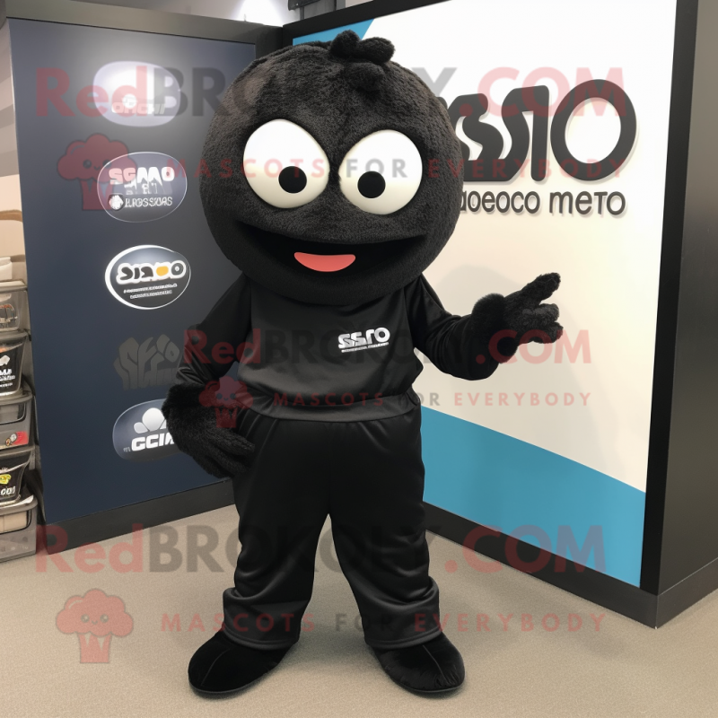 Black Miso Soup mascot costume character dressed with a Jumpsuit and Shoe clips