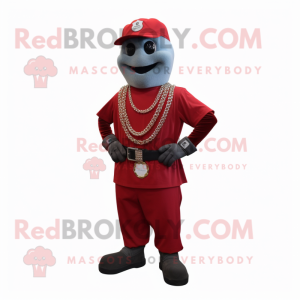 Red Commando mascot costume character dressed with a Vest and Necklaces
