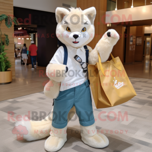 Cream Marten mascot costume character dressed with a Boyfriend Jeans and Tote bags