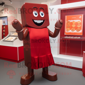 Red Chocolate Bar mascot costume character dressed with a Culottes and Shoe clips