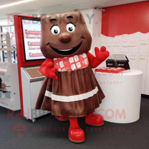 Red Chocolate Bar mascot costume character dressed with a Culottes and Shoe clips