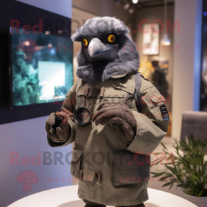 Gray Blackbird mascot costume character dressed with a Parka and Smartwatches