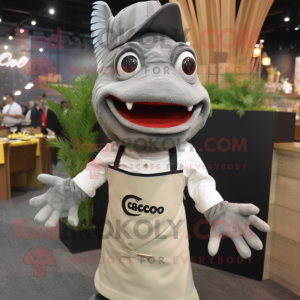 Gray Ceviche mascot costume character dressed with a Sheath Dress and Suspenders