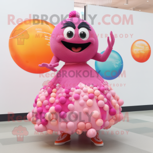 Pink Ceviche mascot costume character dressed with a Ball Gown and Bracelets