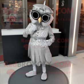 Silver Owl mascot costume character dressed with a A-Line Skirt and Sunglasses