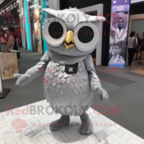Silver Owl mascot costume character dressed with a A-Line Skirt and Sunglasses