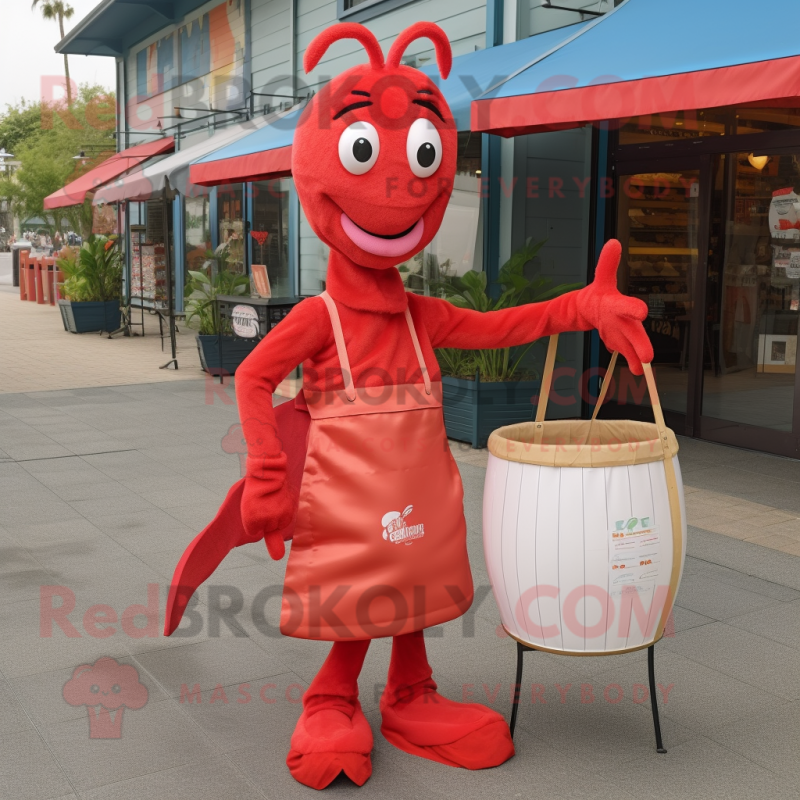 Red Shrimp Scampi mascot costume character dressed with a A-Line Skirt and Tote bags