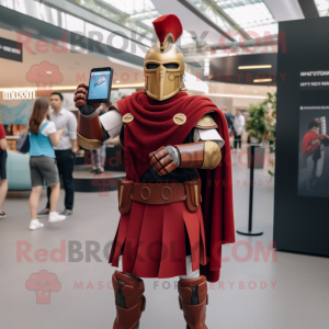 Maroon Spartan Soldier mascot costume character dressed with a Maxi Dress and Smartwatches