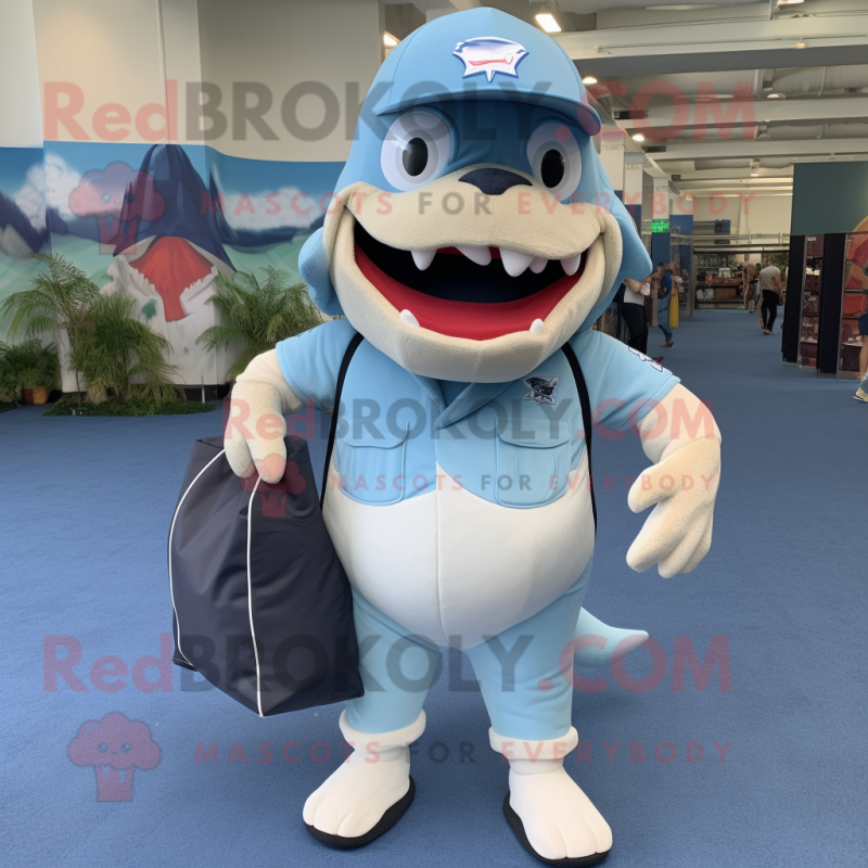 Sky Blue Megalodon mascot costume character dressed with a Polo Tee and Backpacks