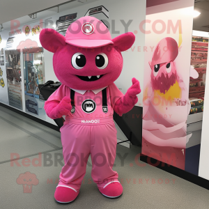 Pink Devil mascot costume character dressed with a Overalls and Hats