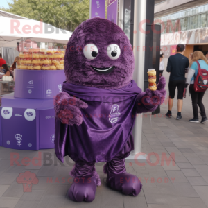 Purple Chocolates mascot costume character dressed with a Jeggings and Scarf clips