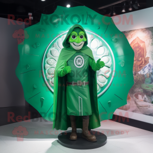 Green Celtic Shield mascot costume character dressed with a Raincoat and Earrings