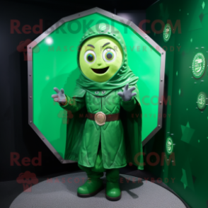 Green Celtic Shield mascot costume character dressed with a Raincoat and Earrings