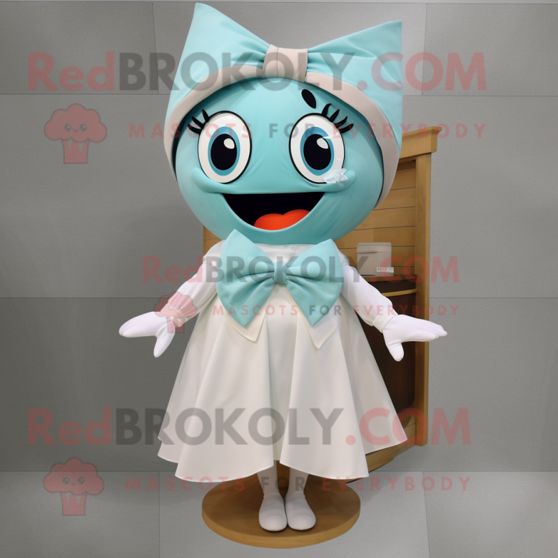 Cyan Clam Chowder mascot costume character dressed with a A-Line Dress and Bow ties