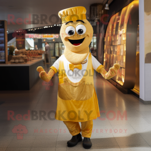 Gold Paella mascot costume character dressed with a V-Neck Tee and Suspenders