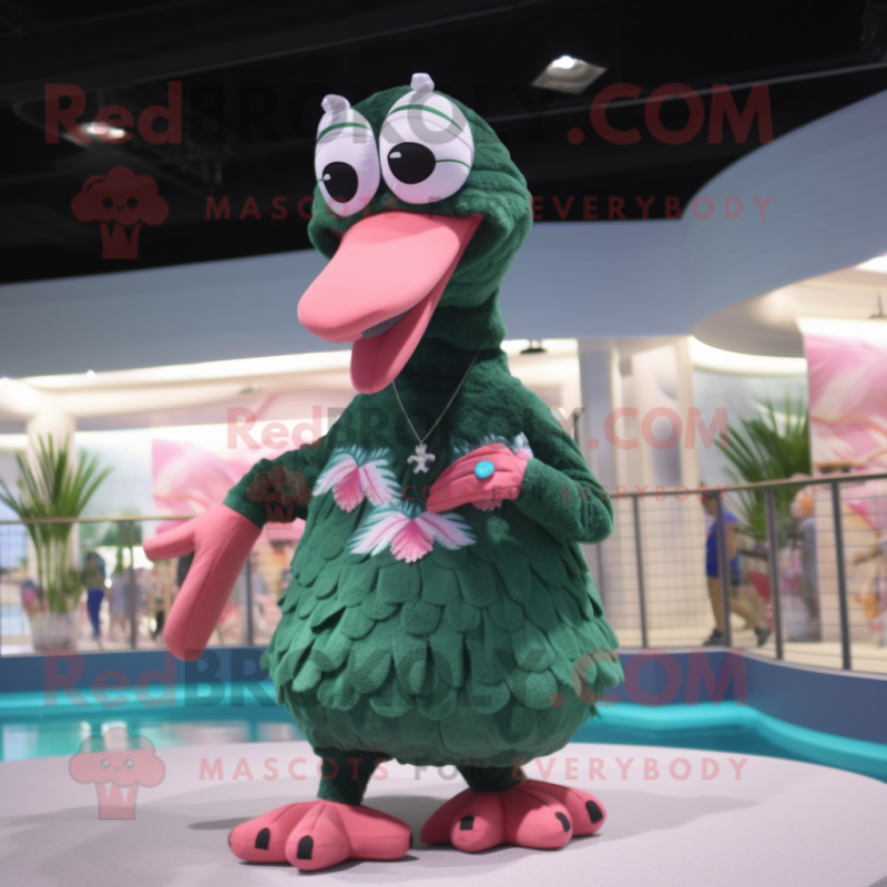 Forest Green Flamingo mascot costume character dressed with a Swimwear and Rings