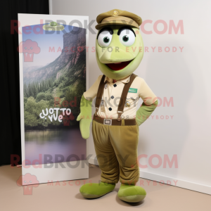 Olive Gyro mascot costume character dressed with a Blouse and Suspenders