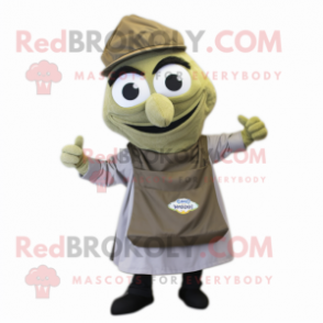 Olive Gyro mascot costume character dressed with a Blouse and Suspenders