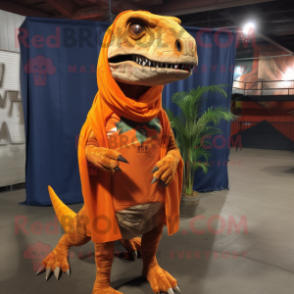 Orange Allosaurus mascot costume character dressed with a Skinny Jeans and Shawl pins