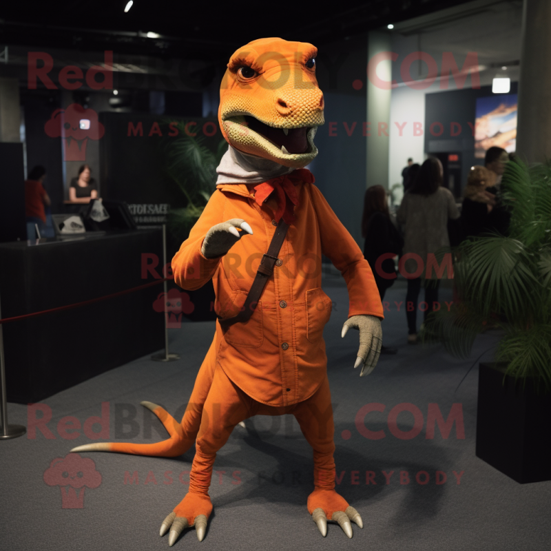 Orange Allosaurus mascot costume character dressed with a Skinny Jeans ...