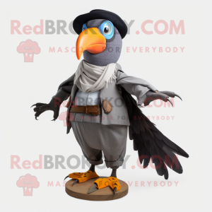 Gray Toucan mascot costume character dressed with a Culottes and Scarves