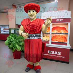 Red Caesar Salad mascot costume character dressed with a Empire Waist Dress and Earrings