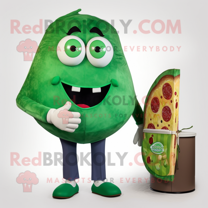 Green Pizza Slice mascot costume character dressed with a Dress Pants and Handbags